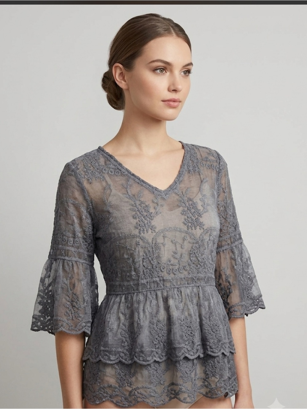 Women's Gray Lace V-Neck Peplum Blouse